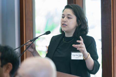 A person delivers a lecture.