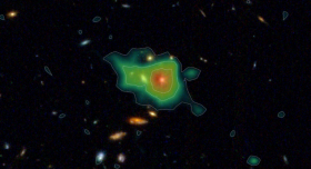 An enormous halo of hydrogen gas as seen in deep imaging from the James Webb Space Telescope.