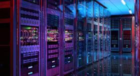 A data center server rack in a hallway.