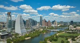 A view of the Austin skyline on a sunny day.