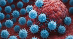 An illustration of immune cells attacking a tumor.