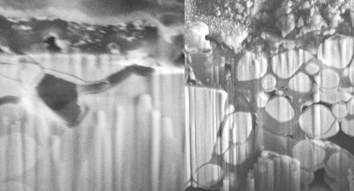 Two side-by-side photos of a zirconia-enhanced electrolyte.