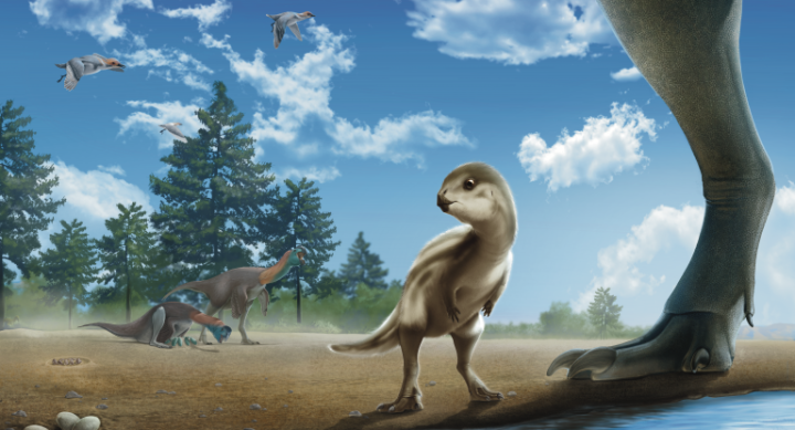 An artist's interpretation of a baby dinosaur standing among other dinosaurs at a riverside.
