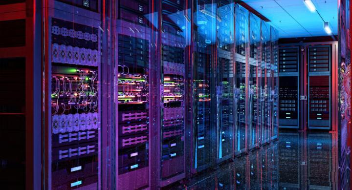 A data center server rack in a hallway.